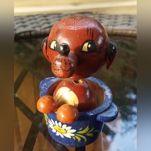 Vintage Wooden Dog in Bucket Bobblehead Nodder Handpainted Folk Art